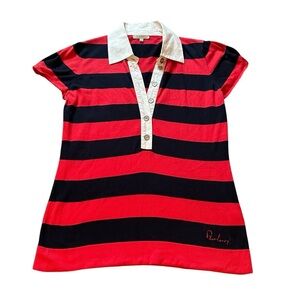 BURBERRY L Red Navy Stripe Polo Ivory Silver Logo Buttons R $595